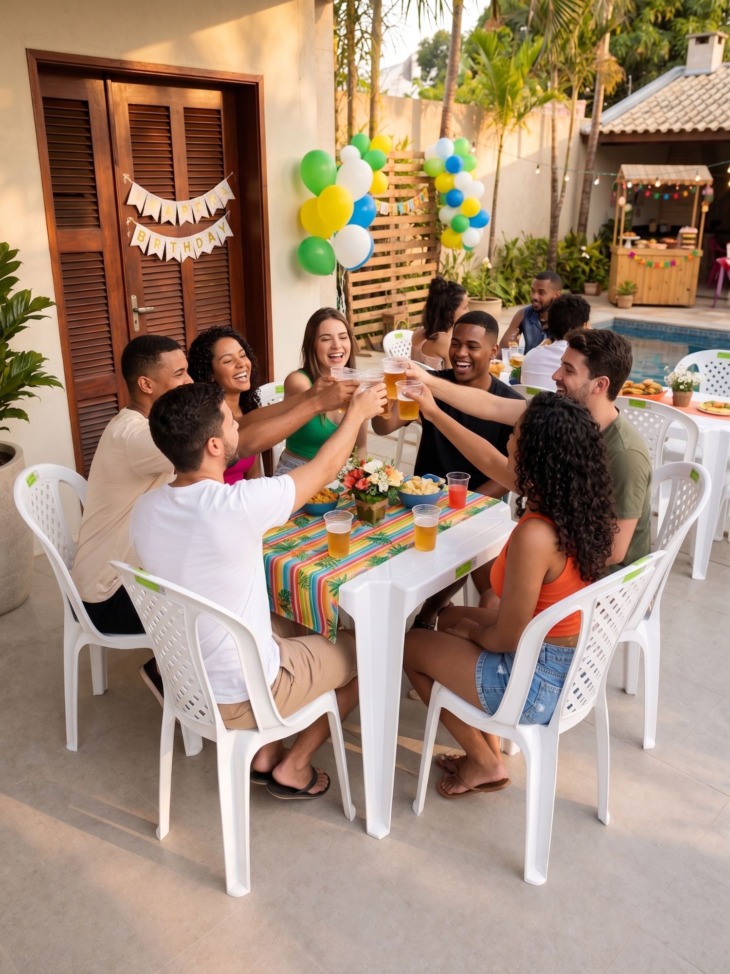 Café da tarde em varanda arejada com conjunto mesa e 4 cadeiras